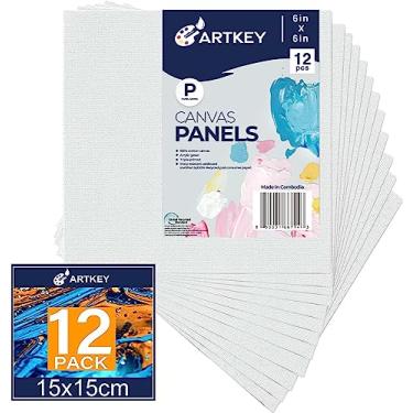 Imagem de Artkey Painéis de Tela 6X6 Polegadas 12-Pacote, 10 Onças Preparadas 100% Algodão Telas Brancas Em Branco para Pintura, Placa de Tela Plana Quadrada para Tintas Acrílicas A Óleo Aquarela e Têmpera