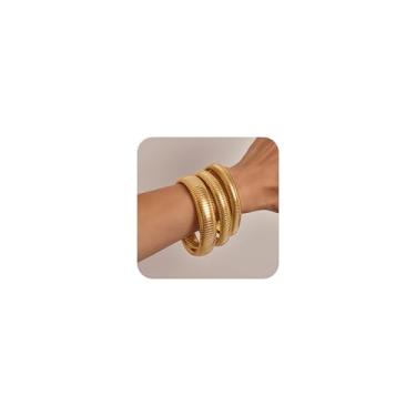 Imagem de Poxtex Conjunto de pulseiras de ouro para mulheres, pulseiras elásticas grossas de aço inoxidável banhado a ouro 14K, pulseira flexível de corrente de elos largos para mulheres, 3 joias presentes,