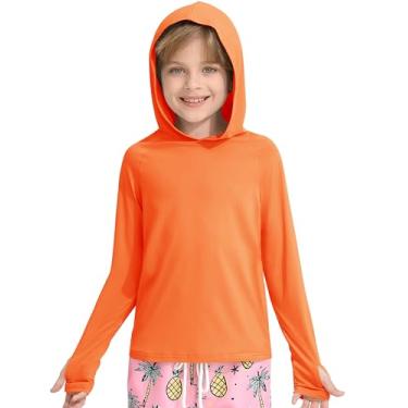 Imagem de Hotfiary Camisa de pesca com capuz Rash Guard manga longa para meninos crianças FPS 50+ moletom com capuz água praia natação camisa buraco polegar, Laranja, 9-10 anos