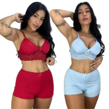 Imagem de Kit 2 Conjunto Top E Short Para Dormir Feminino Baby Doll Conforto Ren