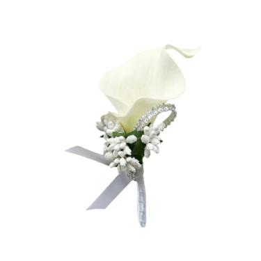Imagem de Jiyohai Boutonniere de lírio de calla marfim para casamento, noivos, padrinhos, flor artificial na lapela com alfinetes para festa de formatura de casamento, festa de formatura, cerimônia de