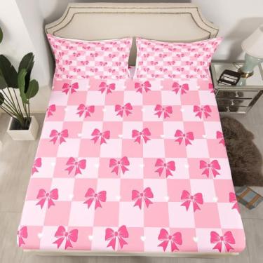 Imagem de Manfei Jogo de cama casal com laço rosa, estampa xadrez rosa para decoração de quarto de meninas e mulheres, estampa kawaii com laço kawaii e 2 fronhas, roupa de cama de poliéster macio, sem lençol de