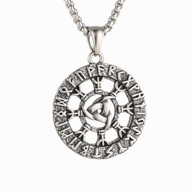 Imagem de Colar com logotipo de runa viking norueguesa com triângulo celta, material de aço inoxidável 316L, design oco circular, corrente de pérola quadrada de aço inoxidável prateado, masculino e feminino,