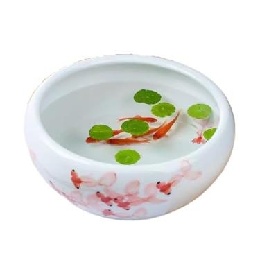 Imagem de Aquário Jingdezhen Aquário de Cerâmica Pintado à Mão Desktop Fortune Peixe Dourado Tartaruga Tanque de Alimentação Pote Vaso de Flores Redondo de Cerâmica Aquário(24x24x12cm)