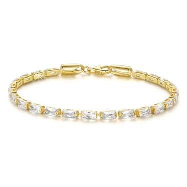 Imagem de BENOITE Pulseiras femininas de ouro 14K retangulares de zircônia cúbica delicadas, pulseiras de tênis de ouro não manchadas para mulheres, joias, unissex, tamanhos 16,5 a 23 cm, 7.5 Inches, K ouro