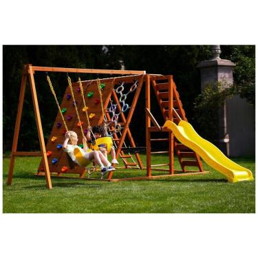 Imagem de Playground Infantil de Madeira com 2 Balanços, 1 Barra de Ginástica, Parede de Escalada, Escorregador e Escada, Avenlur, Amarelo
