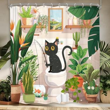 Imagem de Mitpok Cortina de chuveiro de gato engraçado 60Wx72H Kids Black Cat Cute Cartoon Animal Pet Kitten Tropical Plant Hilarious Fun Green Leaves Cactus, decoração de banheiro, cortina de banho, poliéster