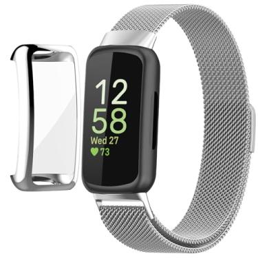 Imagem de QIEMUTER Compatível com pulseiras Fitbit Inspire 3 com capa, fecho magnético de alça trançada de metal, malha de aço inoxidável, capa amortecedora de TPU macio para homens e mulheres (prata)