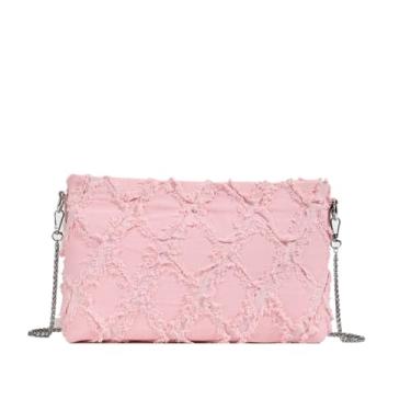 Imagem de Extolove Bolsas transversais jeans femininas modernas acolchoadas bolsa jeans bolsas jeans e bolsas com alça de corrente, rosa