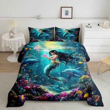 Imagem de Conjunto de cama queen sereia para crianças, conjunto de edredom reversível subaquático mundo subaquático, oceano, golfinho marinho, 3 peças, enchimento de edredom colorido de algas marinhas corais, 2