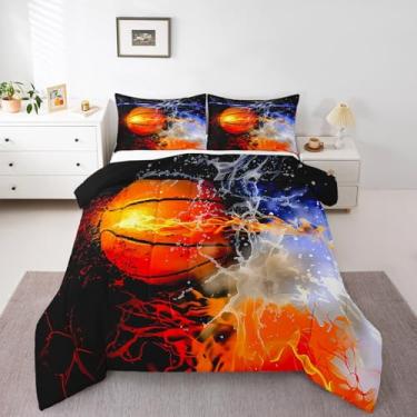 Imagem de jejeloiu Jogo de cama solteiro de basquete, bola de fogo e água, para crianças, meninas, temática esportiva, edredom e decoração de quarto