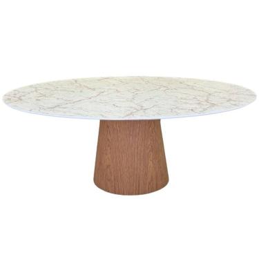 Imagem de Mesa De Jantar Cone Oval 180x100 Cm Tampo Marmorizado Calacata Bronze - Base Freijó Marrom