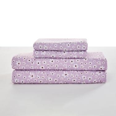 Imagem de Gogreen Jogo de lençol King California com bolso profundo de 4 peças, ajuste de 35,5 cm, microfibra respirável, macio, tamanho king, estilo hotel, presente para mulheres, homens - flor branca roxa