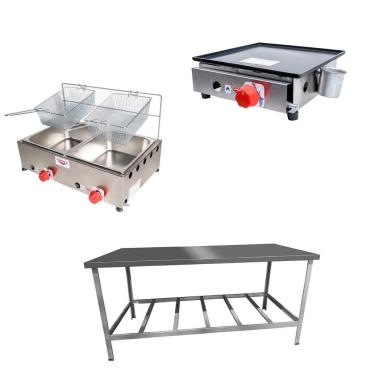 Imagem de Kit Lanchonete Mesa De Manipulação 190x70cm + Fritadeira A Gás 2 Cuba + Chapa A Gás 30cm Alcamar