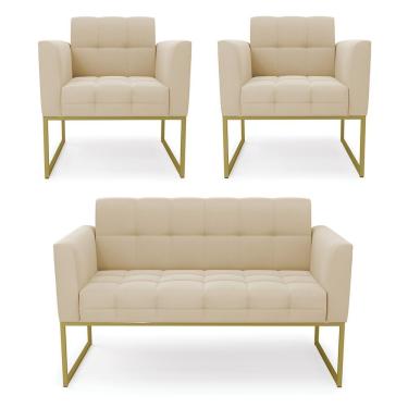 Imagem de Kit 1 Sofá Namoradeira E 2 Poltronas Elisa Suede Bege Base Metálica Industrial Dourada D'rossi