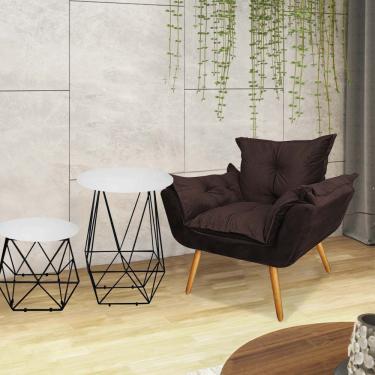 Imagem de Kit Poltrona Opala Com 2 Mesas Lol Ferro Preto Tampo Redondo Branco Suede Marrom - Amey Decor