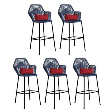 Imagem de Kit 05 Banqueta Alta Com Encosto Sttar Ferro Preto Fibra Azul Marinho Almofada Sintético Vermelho