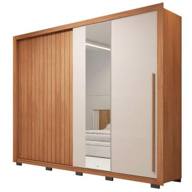 Imagem de Guarda Roupas Casal Ripado E Espelho 2 Portas 4 Gavetas Madeirado/off White Eloa Caemmun Freijó/off