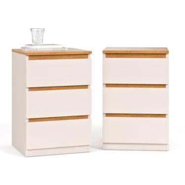 Imagem de Kit 2 Mesas de Cabeceira Quarto Casal Decoração Cama 3 Gavetas Off White/Freijó