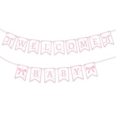 Imagem de Decoração de festa de bebê de boas-vindas, faixa de laço rosa bebê pré-amarrada para bebês anúncio de chegada sinal de revelação de gênero faixa suspensa para meninas bebês chuveiro festa foto