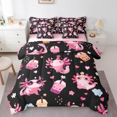 Imagem de Feelyou Conjunto de edredom fofo de axolote com lençol casal de desenho animado com leite, chá, 7 peças, kawaii, oceano, vida marinha, coração, adolescentes, 7 peças