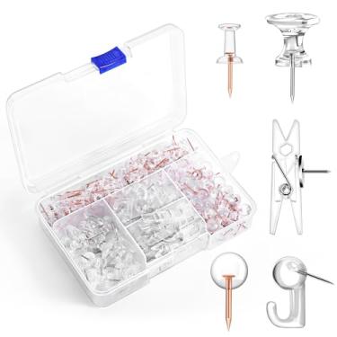 Imagem de GOOLADA 240 peças transparentes para polegar, 5 tachinhas, pinos de plástico transparente para quadro de cortiça, quadros de avisos, parede