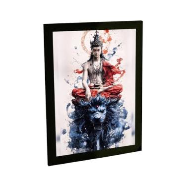 Imagem de Quadro Decorativo Religioso Buda Ilustração Leão Azul Decoração Poster Quarto Sala