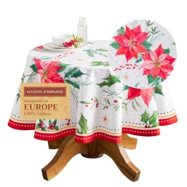 Imagem de Maison d' Hermine Toalha de mesa redonda 100% algodão 150 cm toalha de mesa reutilizável decorativa uso diário para sala de jantar, casa de fazenda, casa, festa, festa e casamento - Poinsétia Natal