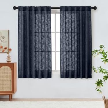 Imagem de Simplebrand Cortinas semitransparentes texturizadas de linho azul marinho 153 cm de comprimento, 2 painéis para quarto, cortinas de janela de privacidade com filtragem de luz curta, transparentes