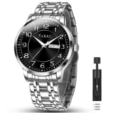 Imagem de Taxau Relógio masculino prata com mostrador grande e luxuoso, à prova d'água, analógico, quartzo, masculino, aço inoxidável, com mostrador luminoso e número romano, Preto-G8405, round, Minimalista