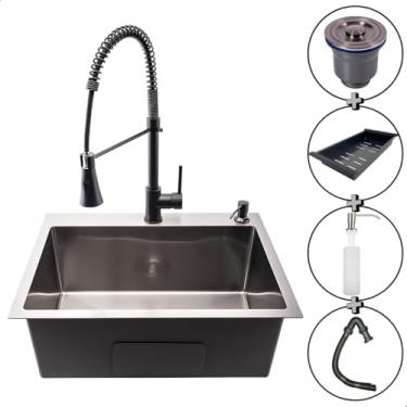 Imagem de Cuba Gourmet com Torneira SOFTINOX 60x45cm para Pia de Cozinha - Kit Completo com Cuba Quadrada Preta, Torneira Monocomando Gourmet e Acessórios em Material Premium