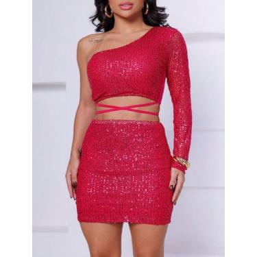 Imagem de Conjunto Feminino Saia Fashion Cropped Paetê Detalhe Brilho - Mc Fashi