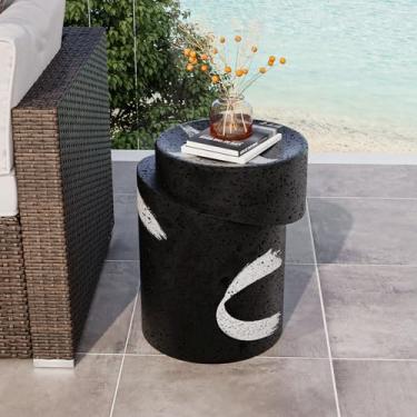 Imagem de COSIEST Mesa lateral externa preta, mesa lateral de concreto MgO em forma de cilindro, mesa de destaque leve com mesa de canto de pátio, suporte redondo para plantas para jardim e deck