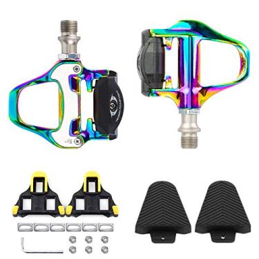 Imagem de BESTYMXY Pedais de bicicleta de estrada compatíveis com Shimano SPD-SL, pedais coloridos galvanizados ultraleves + conjunto de travas + capas de chuteira, 3 em 1