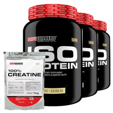 Imagem de Kit 3x Whey Isolada Iso Protein 900g + Creatina 100% Pura 1kg - Bodybuilders (Médio, Baunilha)