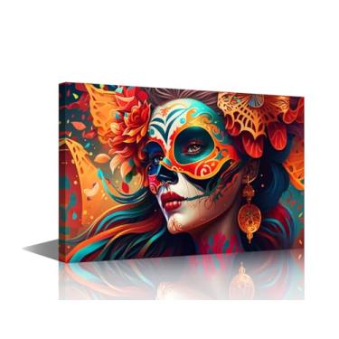 Imagem de Impressão de mulher mexicana imagens de caveira para sala de estar pintura em tela de menina esqueleto 1 painel arte de parede do México decoração de casa giclée moldura de madeira esticada pronta
