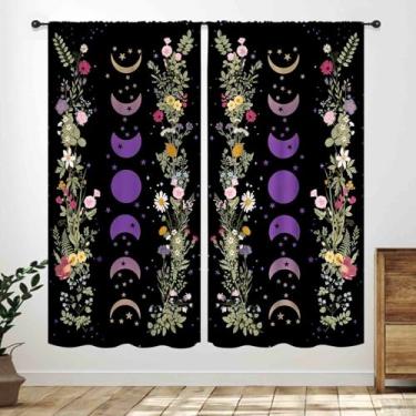 Imagem de Cortinas florais roxas, flores silvestres góticas, flores de bruxa, iluminadas pela lua, estética, primavera, jardim, tratamentos de janela, para quarto, sala de estar, cozinha, banheiro, conjuntos de