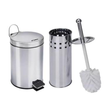 Imagem de Conjunto de Banheiro em Aço Inox | Lixeira 5L com Pedal | Escova Sanitária e Suporte