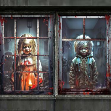 Imagem de ZALAON Pacote com 2 cortinas assustadoras de Halloween, capa de janela de Dia das Bruxas, decoração de silhueta de janela para meninos e meninas, pôster temático de terror de sangue para porta de