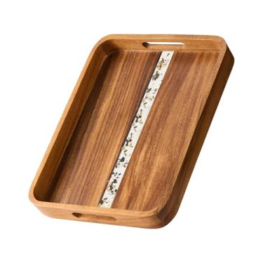 Imagem de Bandeja de servir de madeira de acácia com alças – Bandeja decorativa retangular para sala de estar, café da manhã na cama, bandeja de mesa de centro para decoração, organizador de mesa, 43 x 33 cm