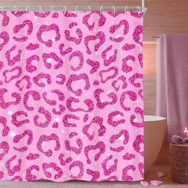 Imagem de Riyidecor Cortina de chuveiro rosa choque com estampa de leopardo fofa menina chita abstrata moderna vintage feminina 152 cm L x 182 cm A decoração de tecido contemporâneo simples minimalista banheiro