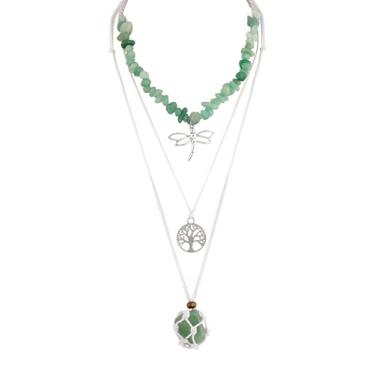 Imagem de MINACHI Colar hippie em camadas com contas verdes, libélula e árvore da vida, joia ajustável boho para mulheres