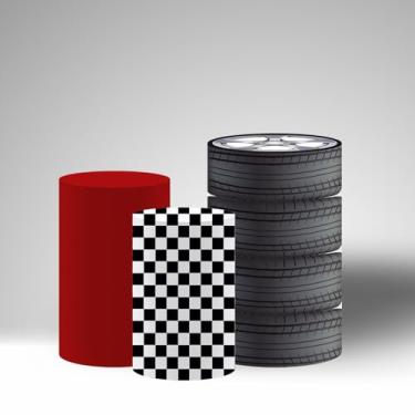 Imagem de NIVIUS PHOTO Capas de pedestal para exibição de cilindro com tema de corrida, conjunto de 3, grade preta e branca, vermelho sólido, toalha de mesa de elastano para eventos de festa (conjunto grande de