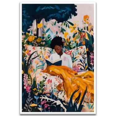Imagem de Arte de parede de mulher negra afro-americana negra pôster em tela abstrata impressão moderna pintura mulheres afro, lendo um livro, pôster decoração de parede para quarto, sala de estar, decoração de