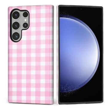 Imagem de ZHEGAILIAN Capa para Samsung Galaxy S24 Ultra, capa rígida à prova de choque + silicone macio 2 em 1, híbrido, à prova de choque, proteção contra quedas - xadrez rosa e branco simples