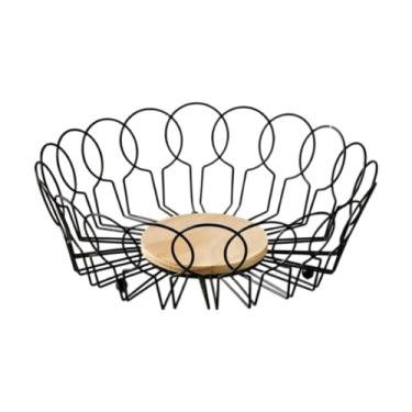 Imagem de MotiveTech Cesta de Frutas de Arame, Suporte para Cápsulas de Café com Base de Madeira, Centro de Mesa para Balcão de Cozinha, Tigela de Servir, Tigela, 26cm X 8.5cm