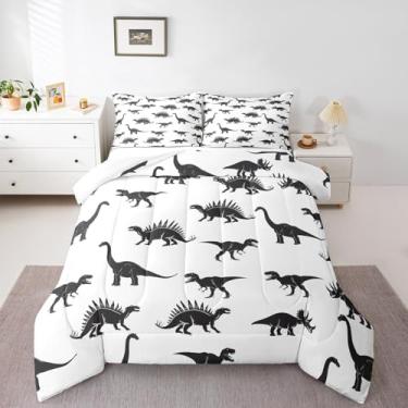 Imagem de Erosebridal Conjunto De Edredom Dinossauro Com Silhuetas Dinossauro, Tamanho Solteiro, Animais Selvagens, Preto E Branco, Conjuntos Para Crianças, Meninos, Adolescentes, Decoração Quarto Adulto, Din