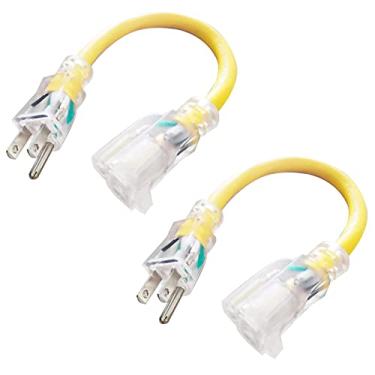 Imagem de EP Pacote com 2 cabos de extensão iluminados de 0,3 m - Cabo de extensão amarelo resistente SJTW 12/3 com plugue aterrado de 3 pinos - Cabo de alimentação de 15 AMP para gramado, jardim