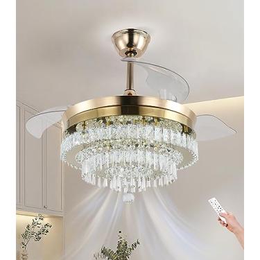 Imagem de Finktonglan Lustre de cristal de 106,7 cm, ventilador de teto com luz e controle remoto, lâmina retrátil invisível, ventiladores de teto com luzes, ventilador de lustre dourado, reversível, 6