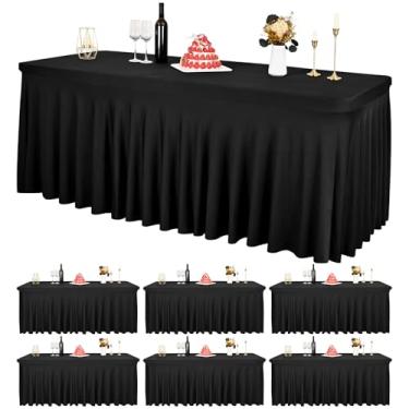 Imagem de Pacote com 6 roupas de mesa pretas de elastano para mesas retangulares de 1,8 m, capa de mesa resistente a amassados, saias de mesa elásticas laváveis para casamentos, festas, banquetes, festivais de